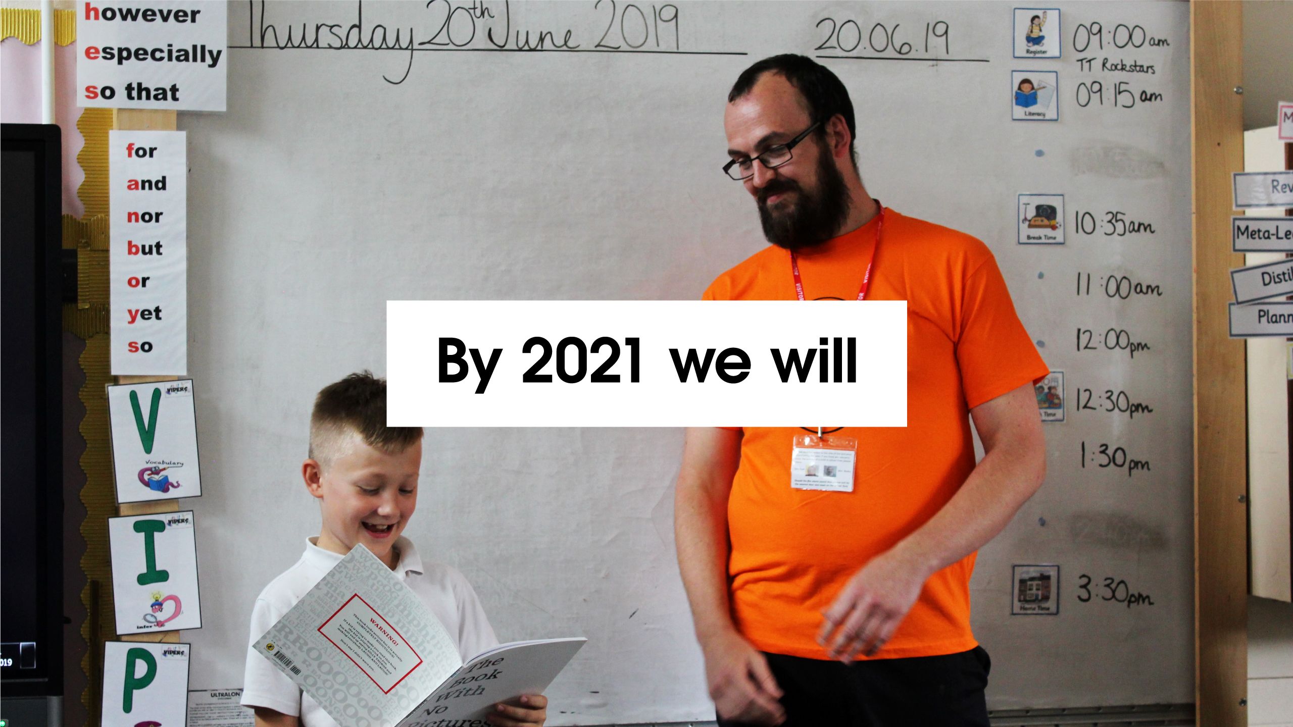 'By 2021 we will' with image of Penguin Random House staff member reading with a primary school student