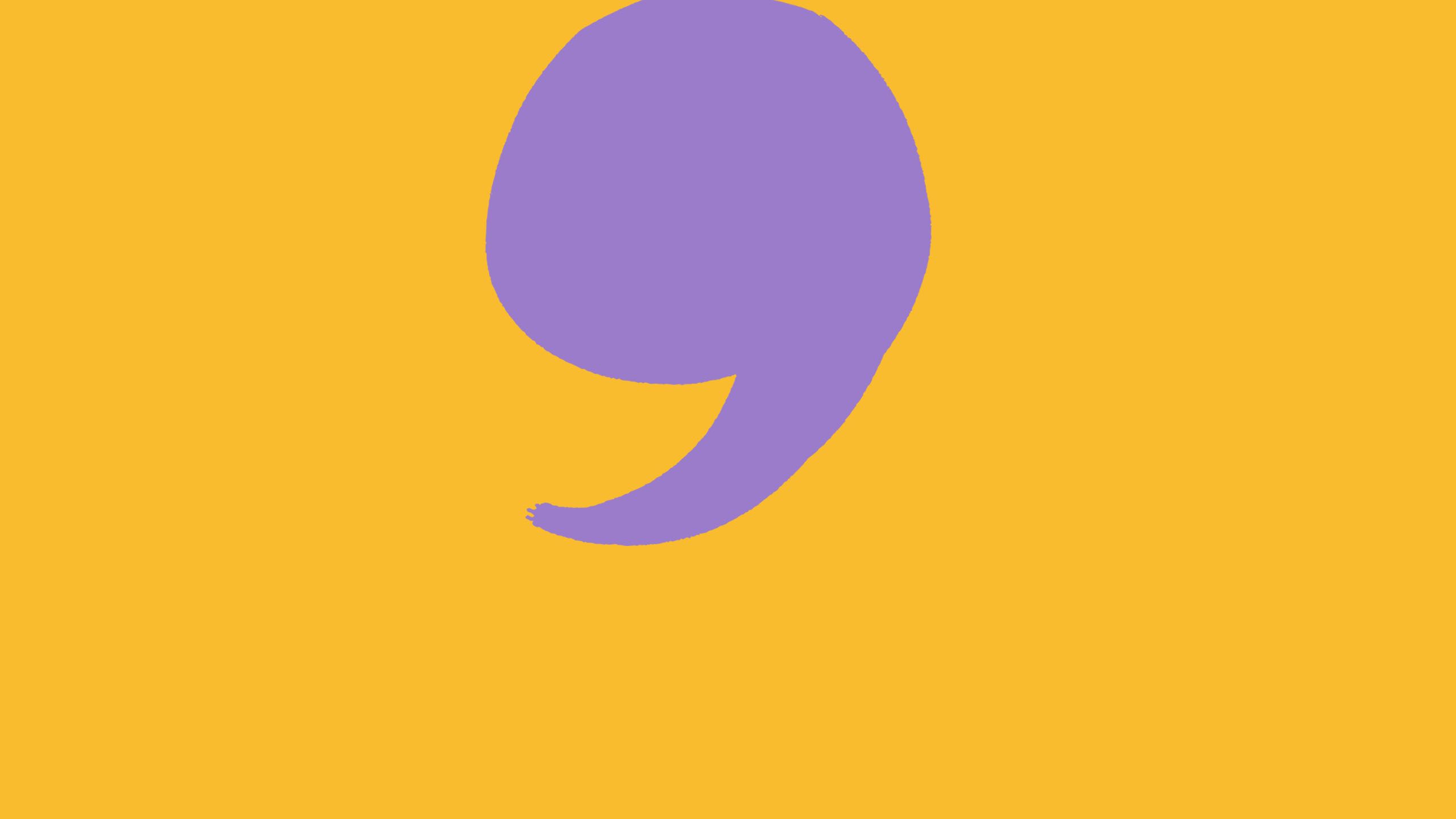 Illustrated large purple quotation mark on yellow background.