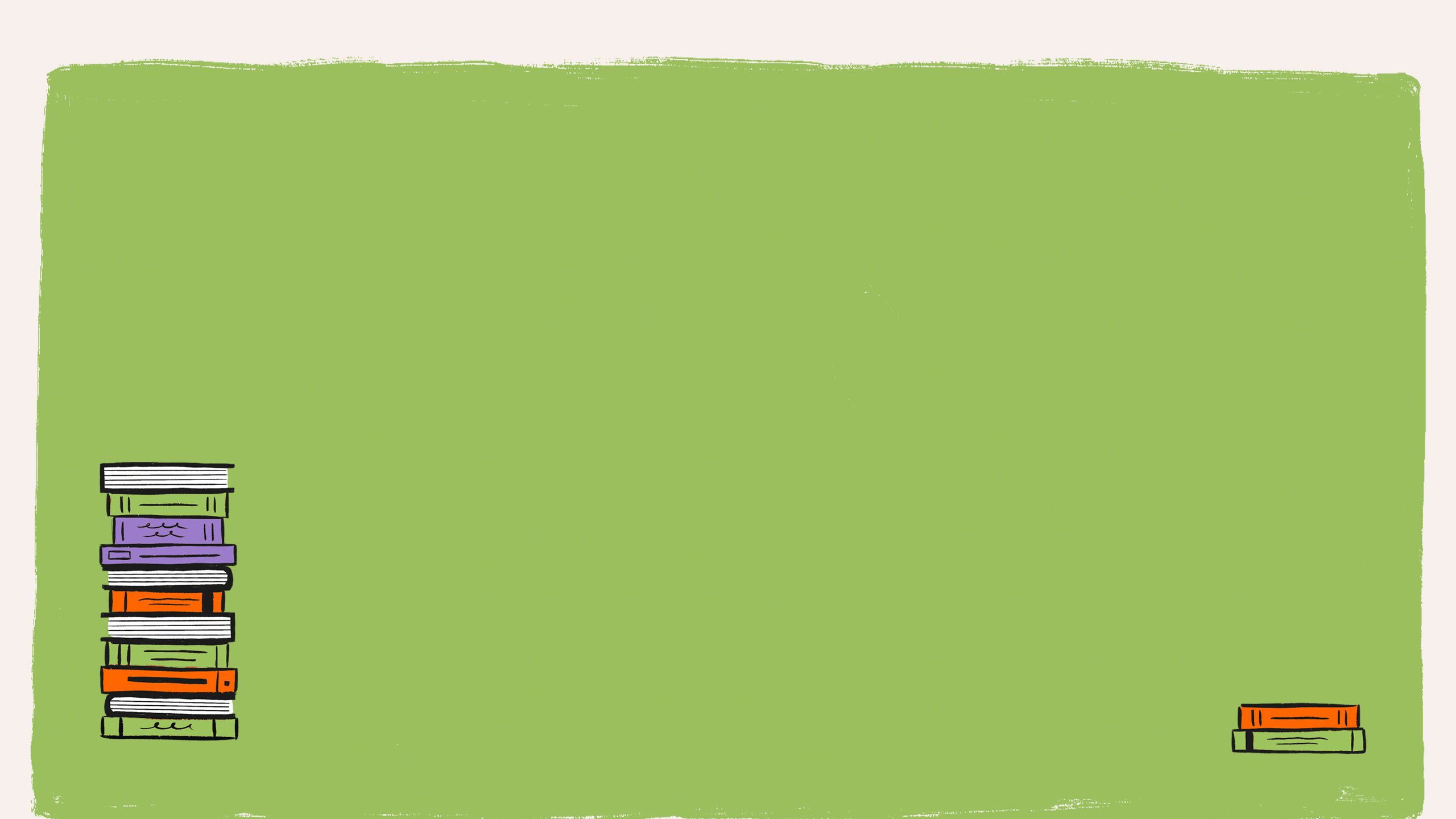 Illustrated stacks of coloured books on a green and cream background.
