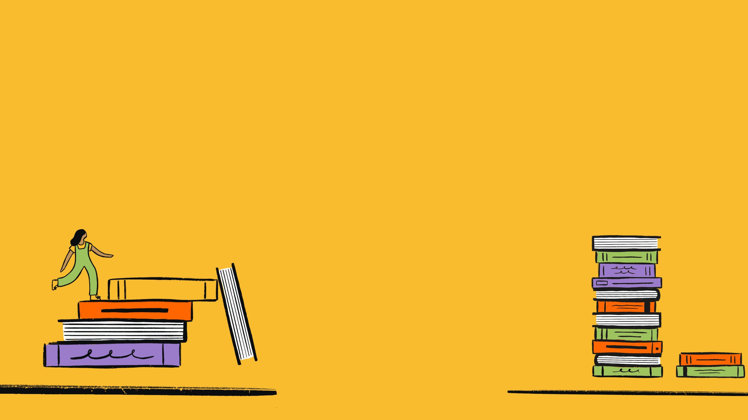 Illustration of girl climbing up a stack of coloured books like stairs.