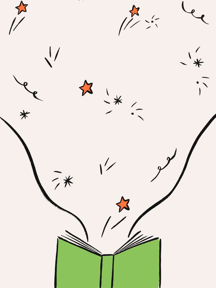 Book with stars and fireworks exploding out of it.